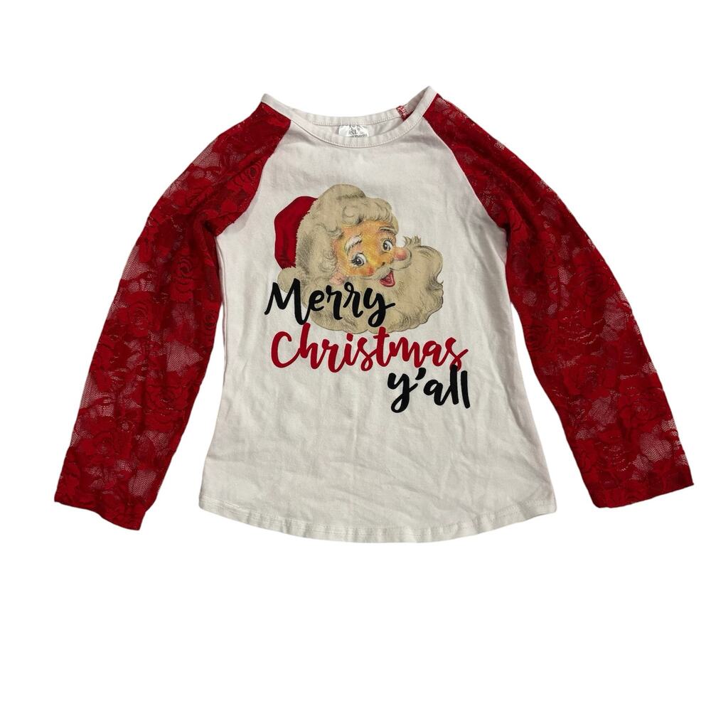 Santa Clause Christmas Holiday Top T-Shirt w/ Lace Sleeves Girls XL